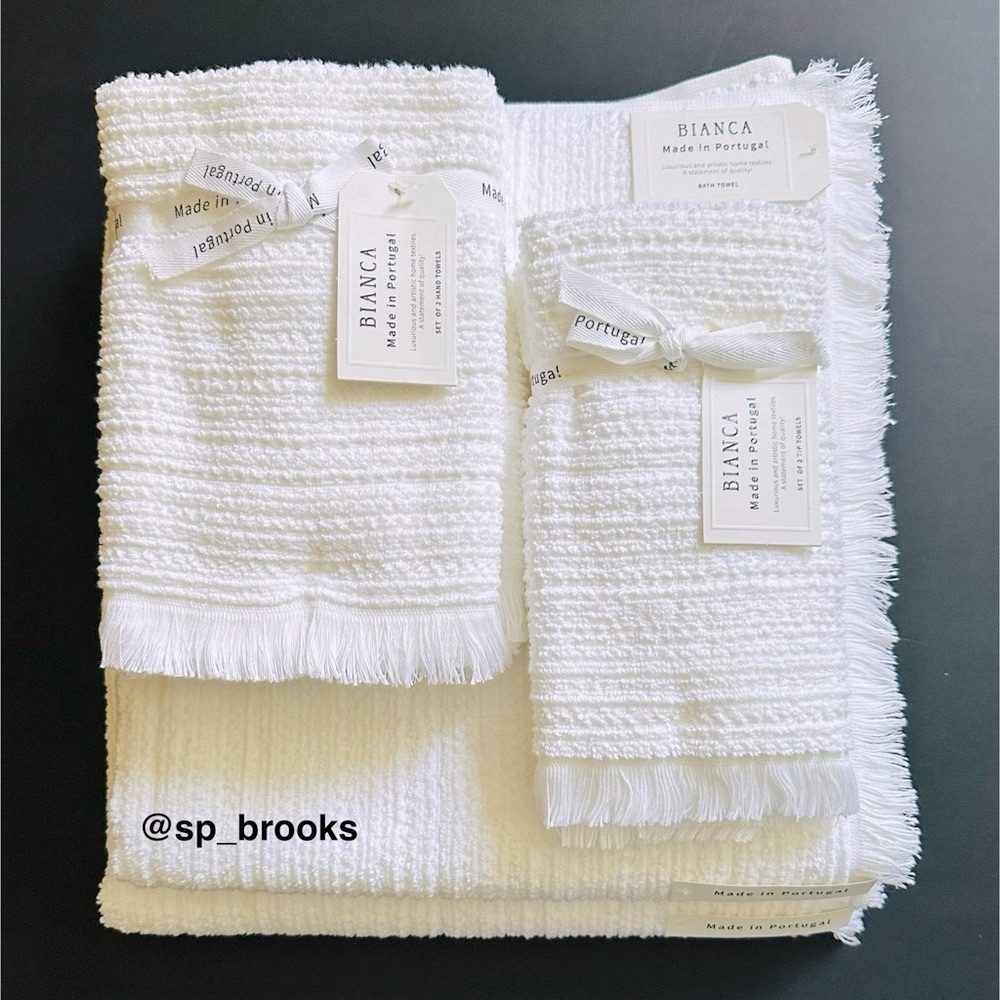 🎁6PC BIANCA Bath Towel Set - White Boucle Textured Pattern - 100% Cotton